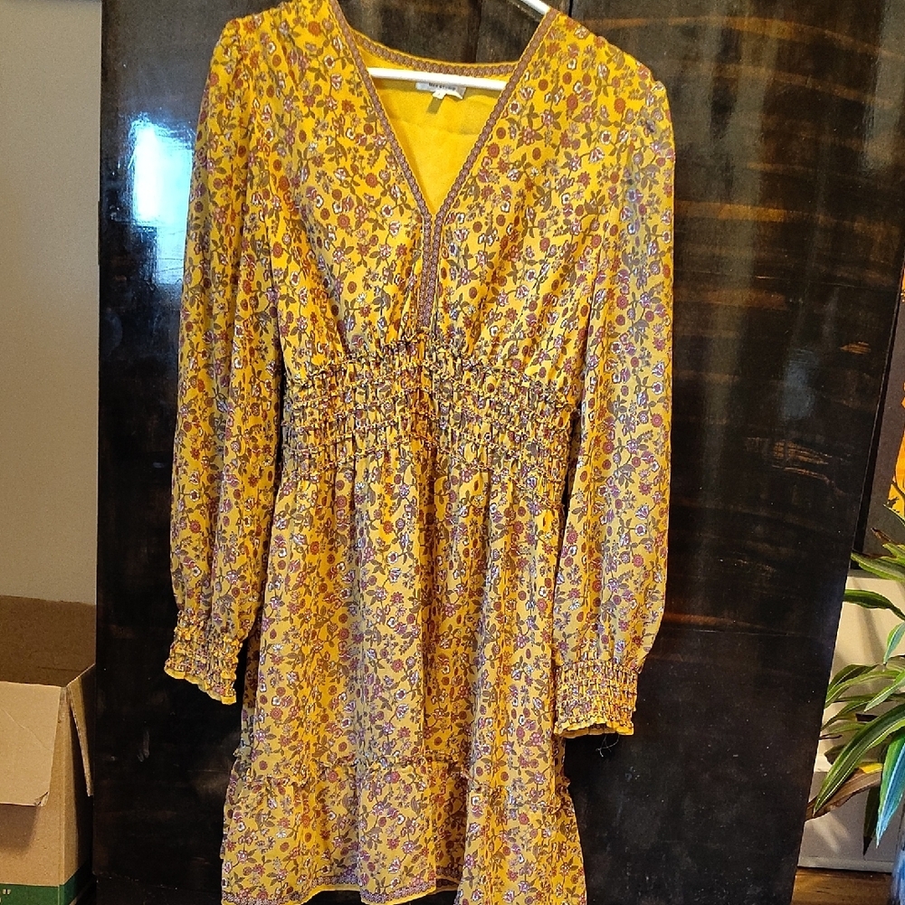 Yellow Floral Long Sleeve Cottagecore Folk Dress